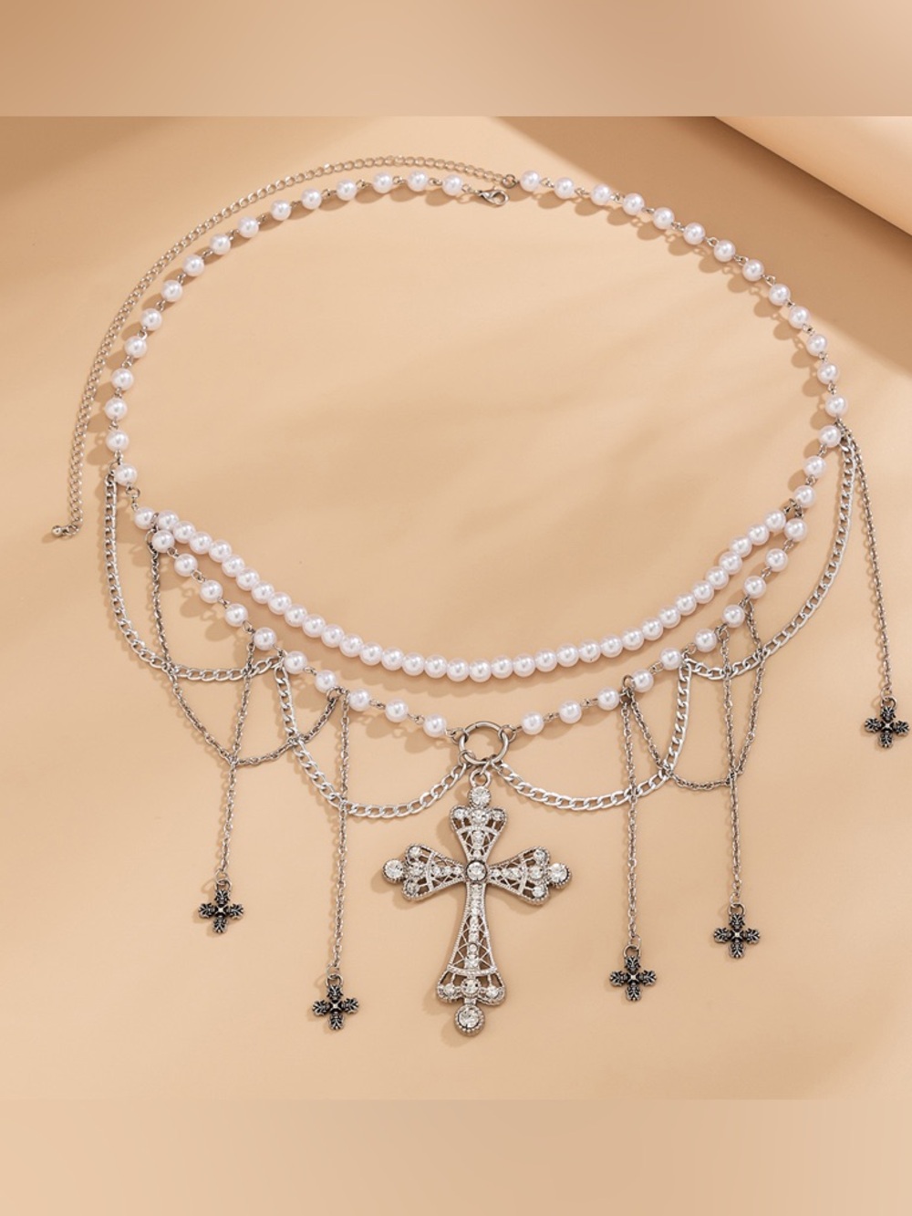Pearl & Silver Cross Multi-Layer WaistChain- White